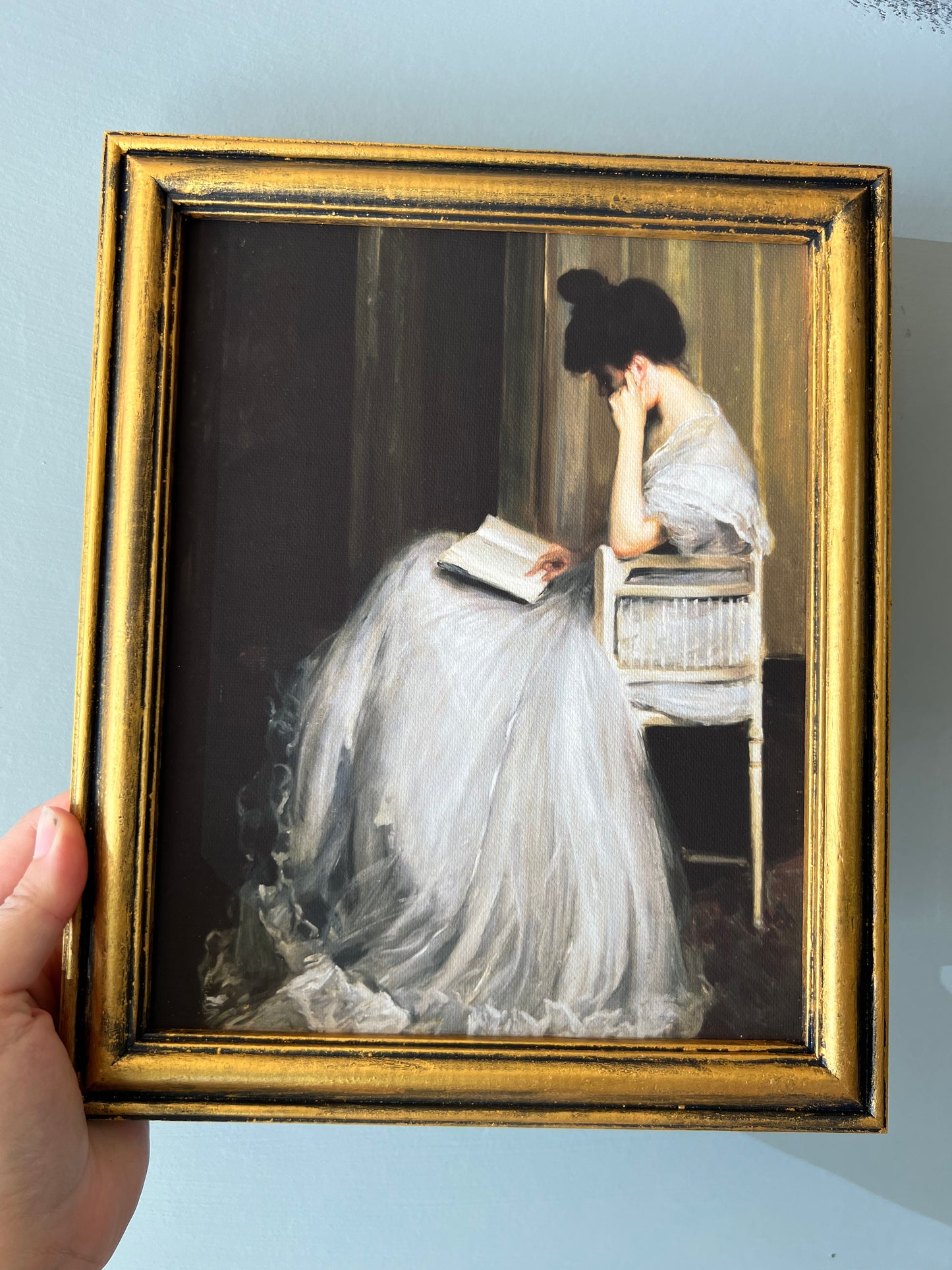 Victorian Girl Reading - Canvas Print in Vintage Gold Frame