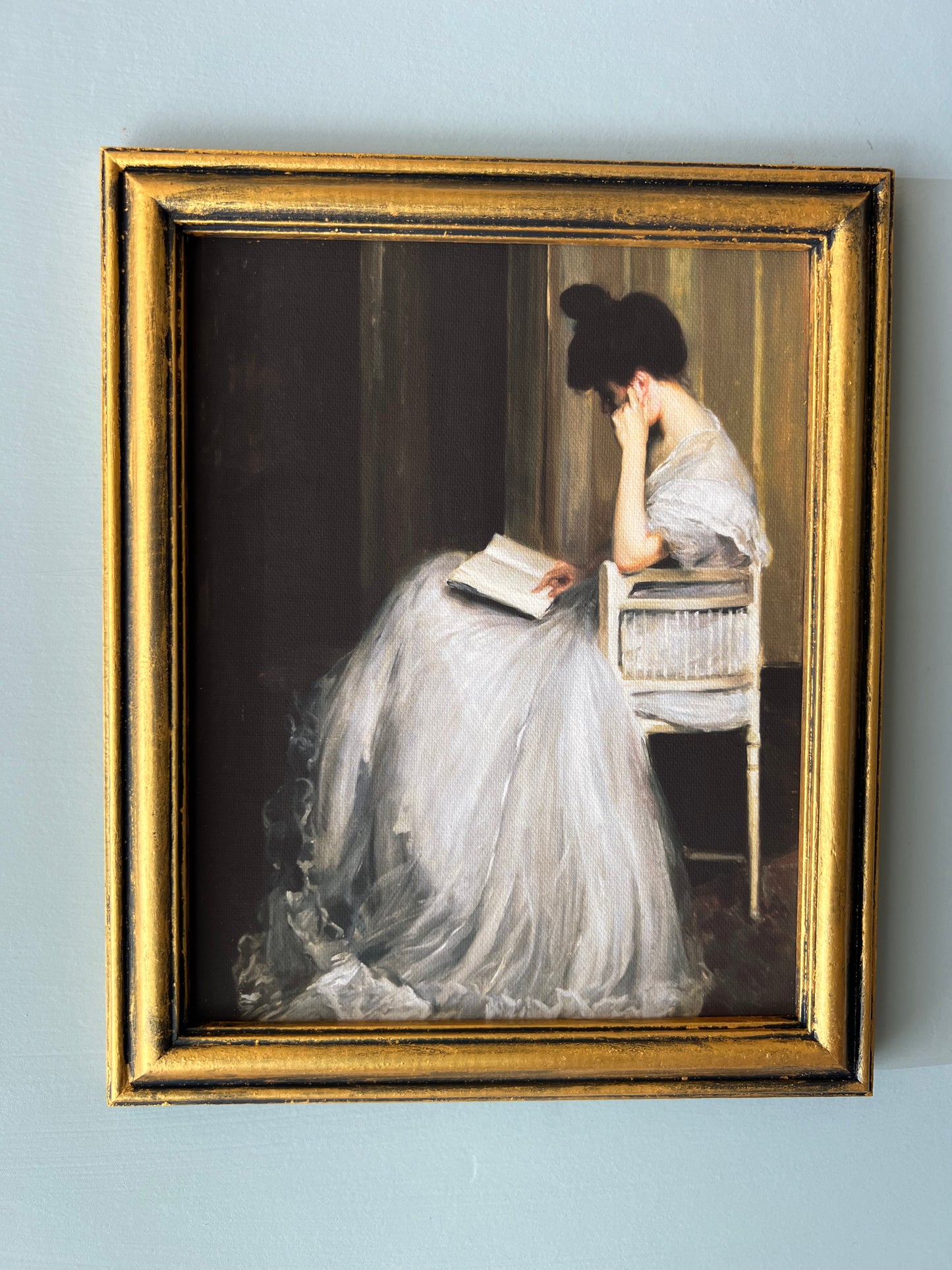 Victorian Girl Reading - Canvas Print in Vintage Gold Frame