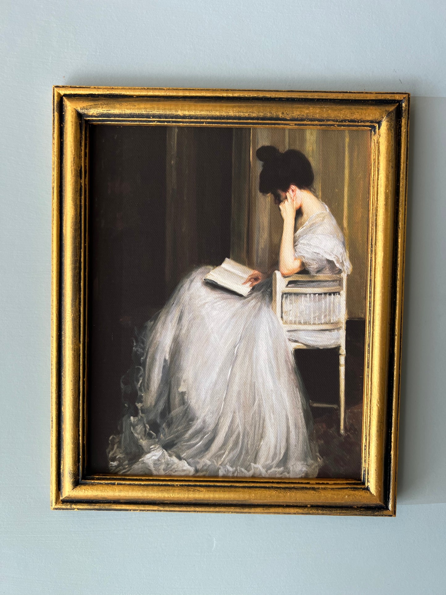 Victorian Girl Reading - Canvas Print in Vintage Gold Frame