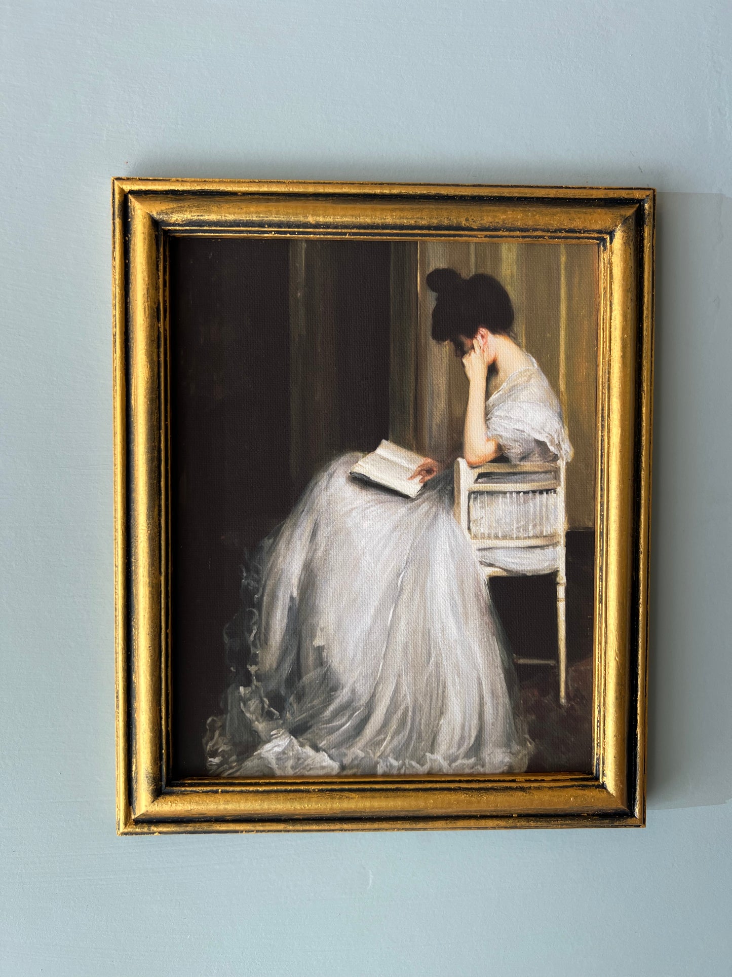 Victorian Girl Reading - Canvas Print in Vintage Gold Frame