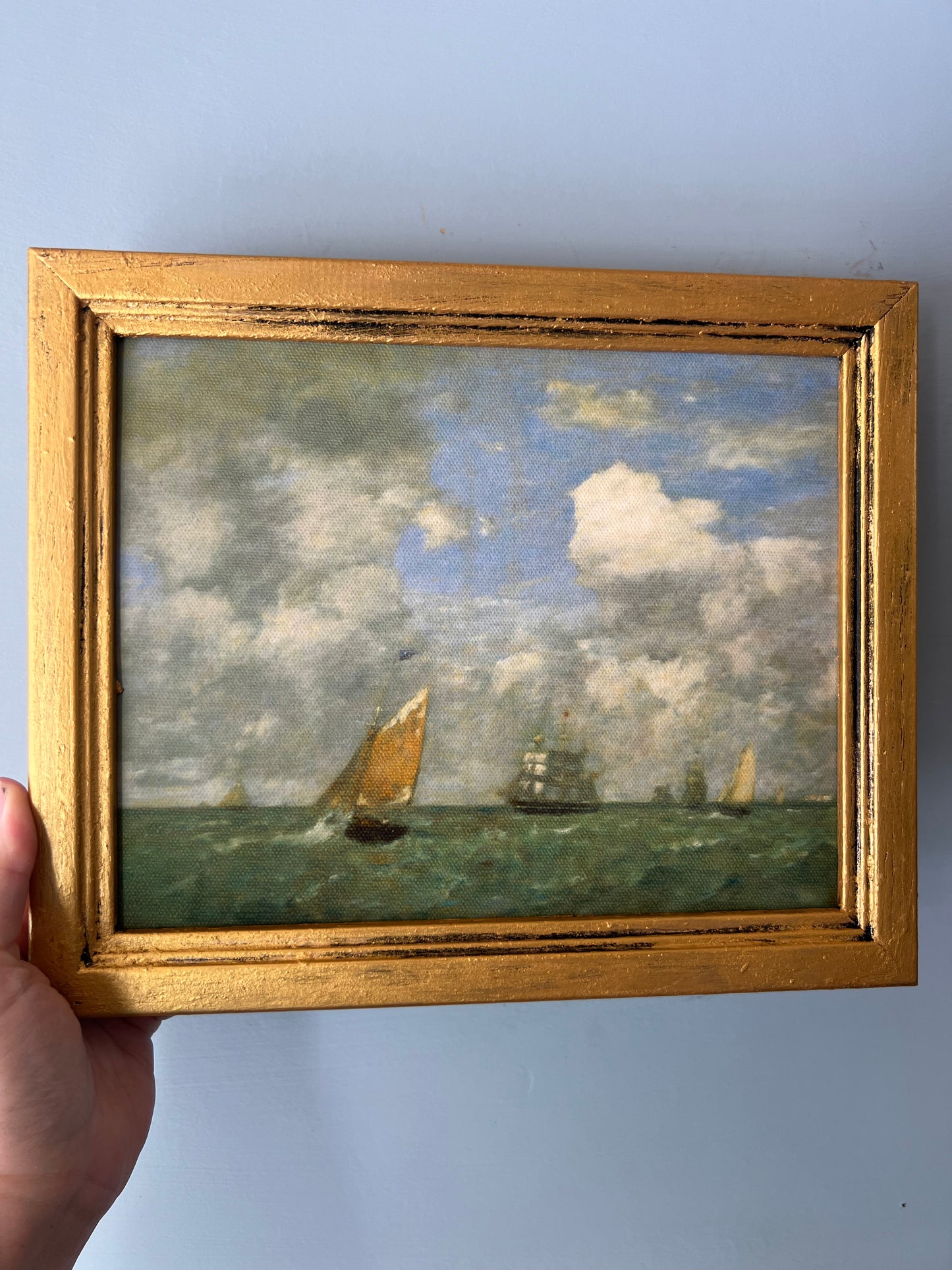 Ships on the Sea - Canvas Print in Vintage Gold Frame