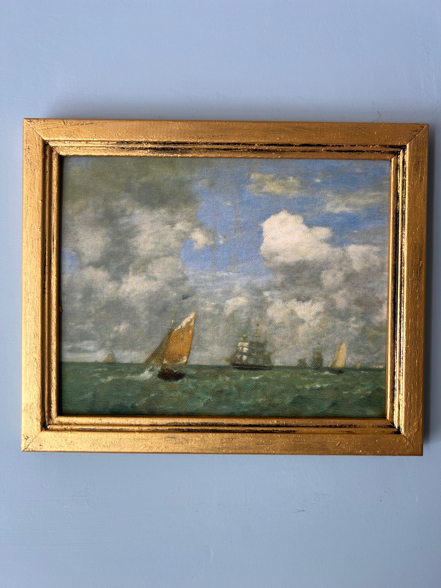 Ships on the Sea - Canvas Print in Vintage Gold Frame