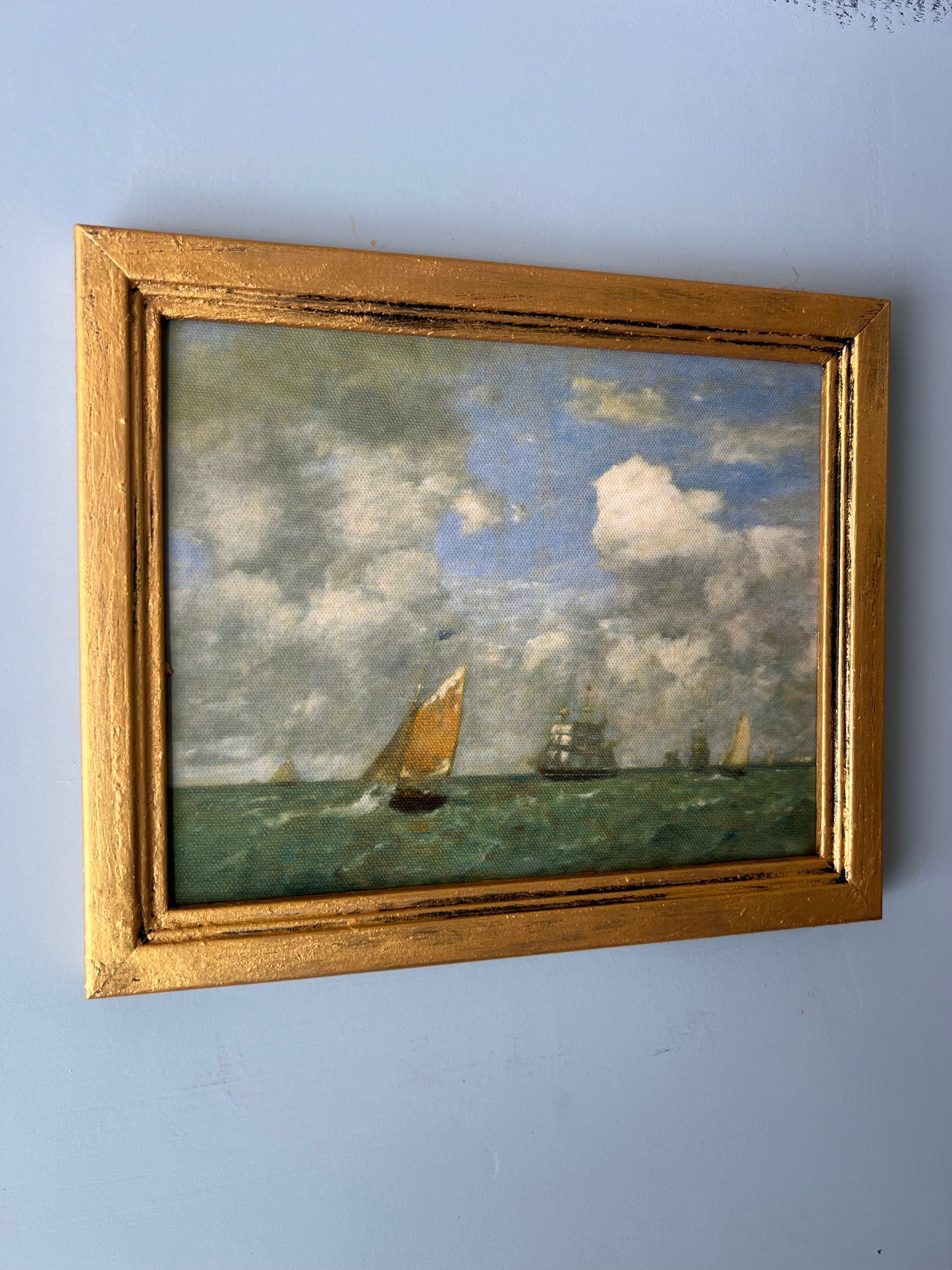 Ships on the Sea - Canvas Print in Vintage Gold Frame