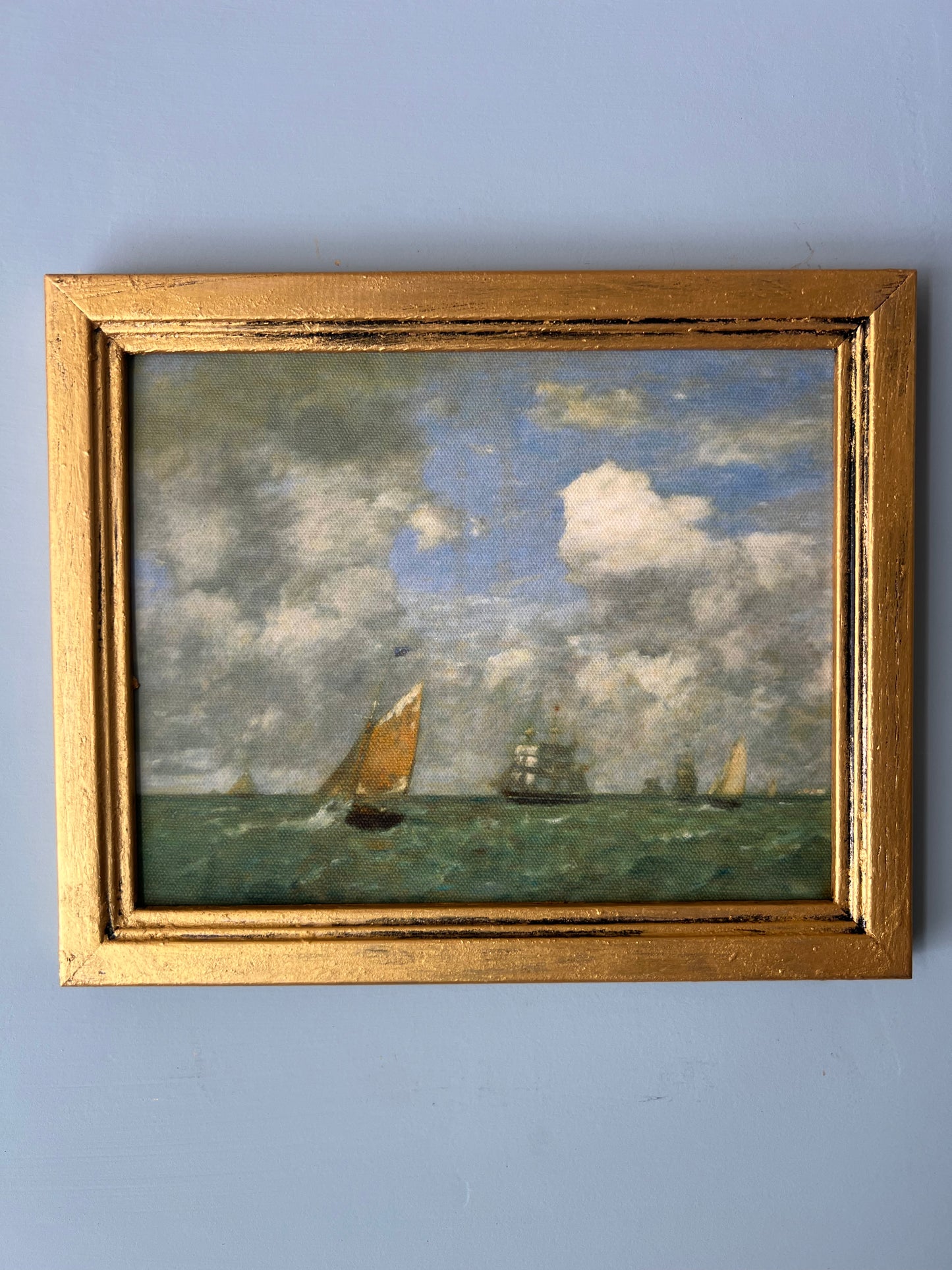 Ships on the Sea - Canvas Print in Vintage Gold Frame