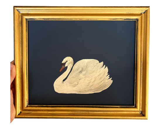 Swan Print on Navy Blue in Gold Frame